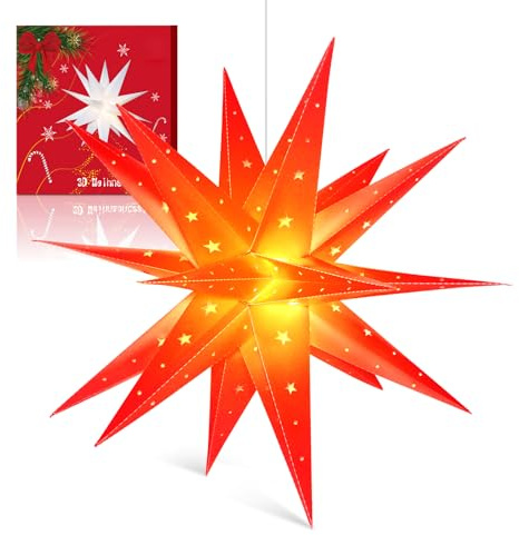 Sky angle 3D LED Weihnachtsstern Beleuchtet 45 cm mit Timer, Rot | 20 warmweiße LEDs, Batteriebetrieb, 6h/18h Automatik – Weihnachtsdeko für Fenster, Baum, Balkon, Garten, Innen & Außen