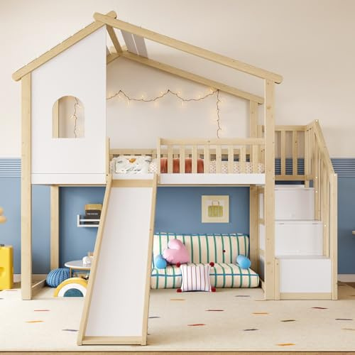 Sweiko Lit Superposé 90x200cm avec Toboggan et Échelle de Rangement,Cadre de Lit avec Barrières de Sécurité,Design Toit,Naturelle + Blanc