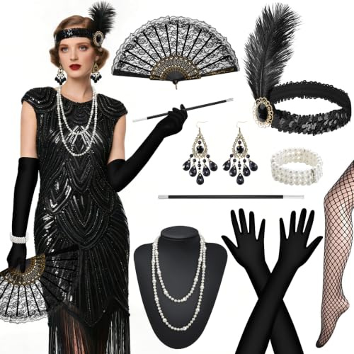 WEARXI 20er Jahre Kostüm Damen, Halloween Kostüm Damen, 20er Jahre Kleid | Gatsby Charleston Kleid 20er Jahre Accessoires, Faschingskostüme DamenPailletten Perlen Fransen Kleid für Fasching Partys