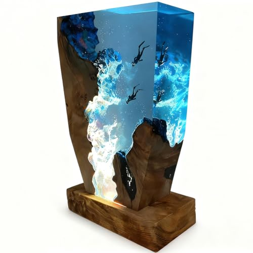 Jatwefiv Marine Statue Dekoration Lampe 3D Epoxidharz Ozean Taucher Nachtlicht mit USB Kabel mit Holzsockel für Heim Büro Deko Weihnachten Geburtstag Geschenke,15 * 10