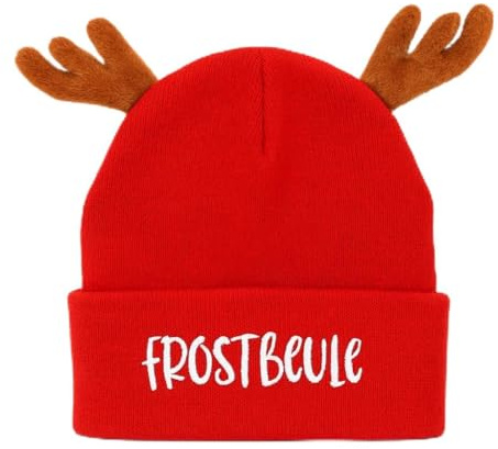 MC-Trend Wintermütze Damen & Herren – Lustige Weihnachts Beanie rot mit Rentiergeweih – Sprüche FROSTBEULE, VOLL HÜBSCH & Team GLÜHWEIN – warme Unisex Mütze Winter, Weihnachtsmarkt
