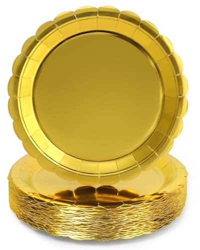 PARTY GO Piatti di carta oro 23 cm, 50 pezzi, stoviglie per feste per 50 ospiti, compleanno per bambini, ragazzi e ragazze, decorazione per feste