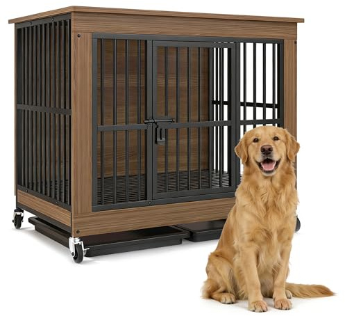 Hundekäfig für Zuhause XXL mit Rollen Bodenwanne große/mittlere Hunde für den Innenbereich Holz Metall möbel Hundemöbel (112x74x96cm)