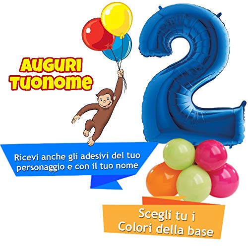 Composizione Personalizzata Mylar Sagoma Numero 2 Blu con Adesivi di Curioso come GEORGE e del Tuo Nome, Base Pallocini e Kit Fai da te, Addobbi Festa Compleanno