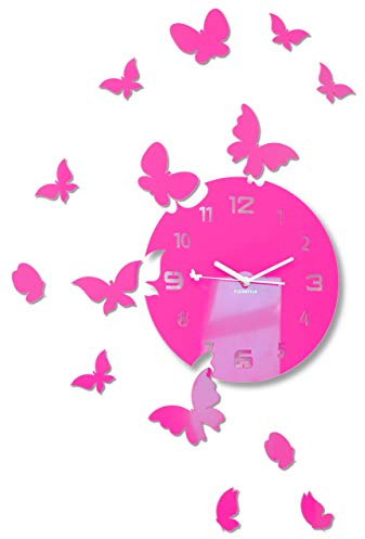 FLEXISTYLE Grande orologio da parete moderno a forma di farfalla, rotondo, 30 cm, 15 farfalle, soggiorno, camera da letto, cameretta dei bambini, prodotto nell'UE (rosa)