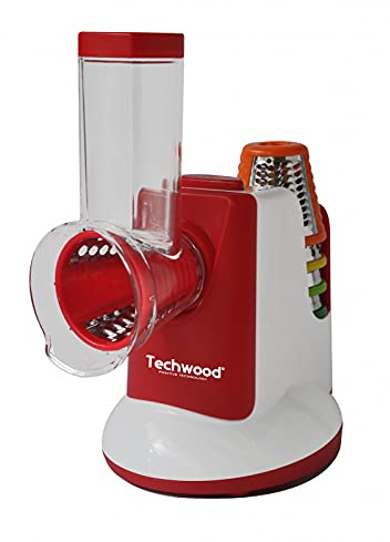 Techwood TRO-7765 Découpe Electrique Tout 3 en 1 Râper Emincer Gratter Légumes Fruits Fromage 150W-TRO-7765, Métal, Blanc/Rouge