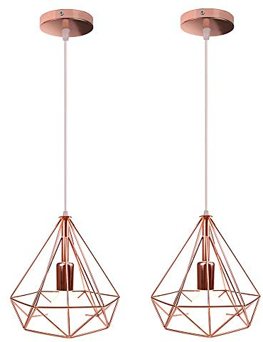 STOEX Lustre Suspension Cage en Fer forme Diamant 25CM, Lampe Suspendue Vintage E27 Eclairage pour Décor Salon Restaurant Chambre (2x Or rose)