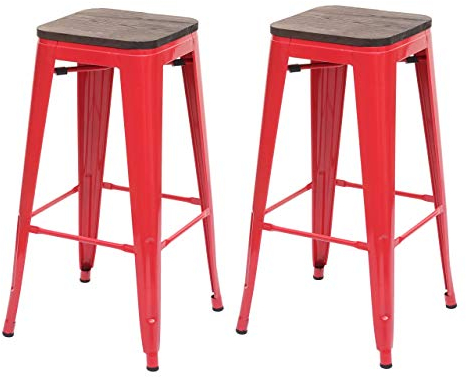Mendler 2er-Set Barhocker HWC-A73 inkl. Holz-Sitzfläche, Barstuhl Tresenhocker, Metall Industriedesign stapelbar - rot