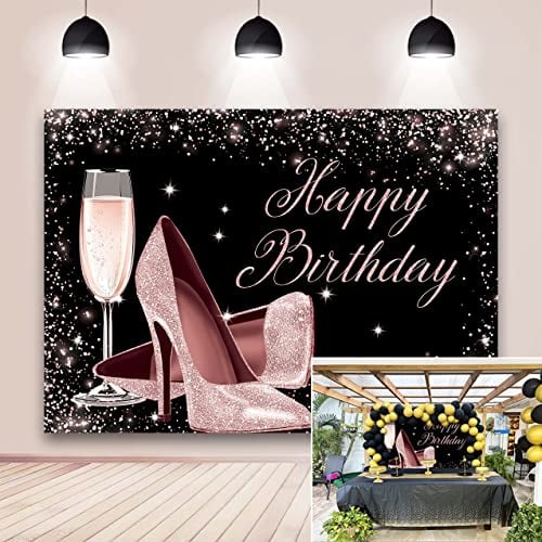 BINQOO 7x5ft Toile de Fond Happy Birthday pour Femmes Noir et Rose Fête d'anniversaire Talons Aiguilles Paillettes Champagne Spots étincelants Toile de Fond pour Photographie Props de Photomaton