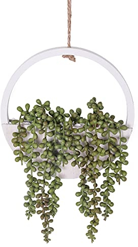 Floweroyal 1 Piezas Plantas Colgantes Suculentas Artificiales Cadena de Perlas Falsas de 12.2'' en Maceta con Cordón de 8.3'' por Decoración de Pared para Interiores y Exteriores.