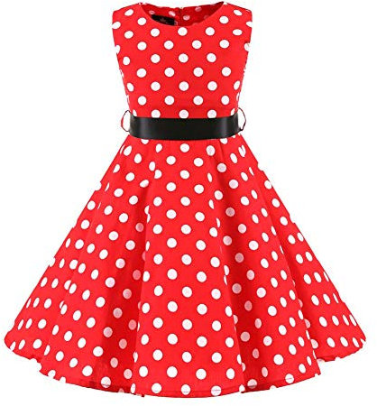 IWEMEK Robe Cérémonie Vintage Fille Enfant Rockabilly Année 50/60 Retro à Pois Polka Dot Imprimé Floral Pin Up de Soirée Fête Cocktail Noël Mariage A-Ligne Midi Rouge 7-8 Ans