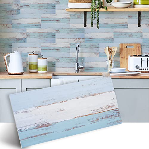 Alwayspon Vinyl Floor Wall Tile Sticker, Non-slip Sticky Back Tile Decals for Kitchen Bathroom Self-adhesive Peel and Stick PVC Floor Sticker DIY, Blue and Turquoise, 30cmX15cm X12Pcs Set