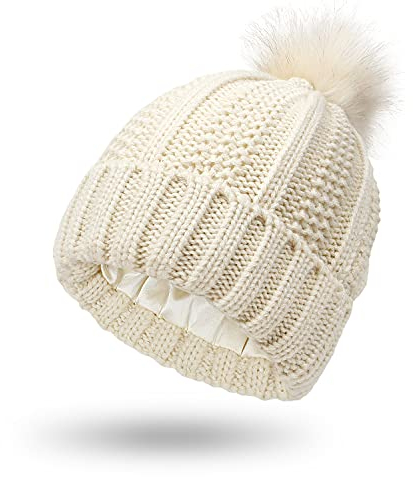 Micoop Winter Strickmütze Beanie Mütze Weich Warm Satin Gefüttert Ski Cuff Cap mit Pom Pom für Mädchen und Frauen, beige, XL