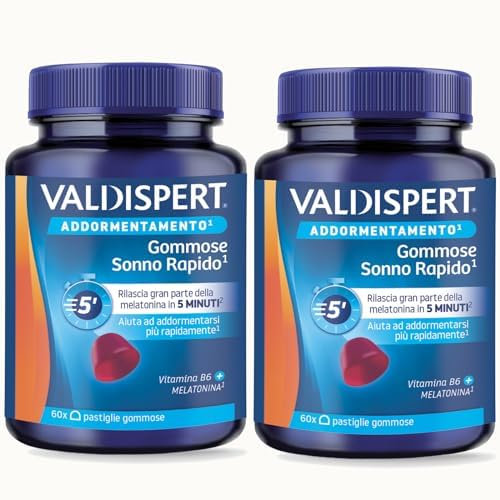 Valdispert Gommose Sonno Rapido, 120 Pastiglie Gommose per Dormire con Melatonina e Vitamina B6, Gusto Fragola, Senza Glutine e Senza Lattosio, 2 Confezioni da 60 Caramelle