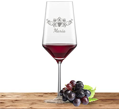 Rotweinglas mit Namen oder Wunschtext graviert - Schott Zwiesel Glas Bordeaux PURE - Weinglas personalisiertes Geschenk (Weinrebe)