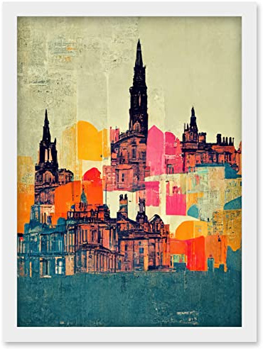 Wee Blue Coo Boho Abstract Multi Coloured Cityscape Skyline Painting Folk Art Artwork Framed Wall Art Print A4