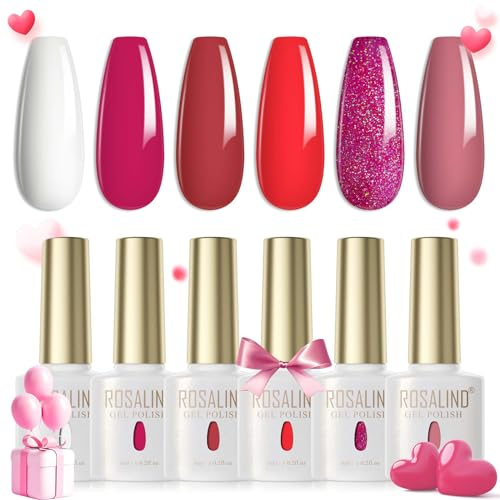 ROSALIND UV Nagellack Set, 6 Farben Weiß Neon Rosa Rot Haferflocken Glitzer Rosa Gel Nagellack für UV LED Lampe Valentinstag Nail Art