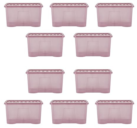 Wham Crystal 10x 60L Plastic Storage Boxes with Lids. Clear, Large, Strong (Pack of 10, 60 Litre) Made in the UK (Tint Dusky Orchid)