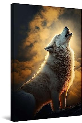 Startonight Impression sur Toile Lumineux - Loup Blanc la Nuit - Grande Tableau Decoration Murale Prêt à Accrocher Peinture Moderne et Contemporaine 60 x 90 cm Idée Cadeau Élégante et Originale