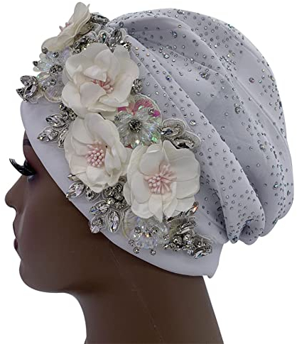 Strass-Turban-Kappe für Damen, afrikanische Kopfband, Nigeria, Auto-Gel-Kopfwickel, Motorhaube, Turbante, weiß