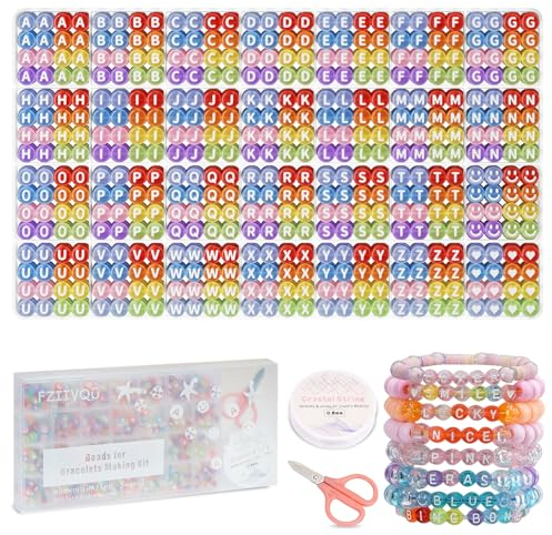 FZIIVQU 1450 Stück Buchstaben Perlen Kit, Acryl 4x7mm Runde Alphabet Perlen für Armbänder machen, BuchstabenPerlen A-Z Herz Perlen und Zahl Perlen zum Armbänder Halsketten DIY Schmuck Machen