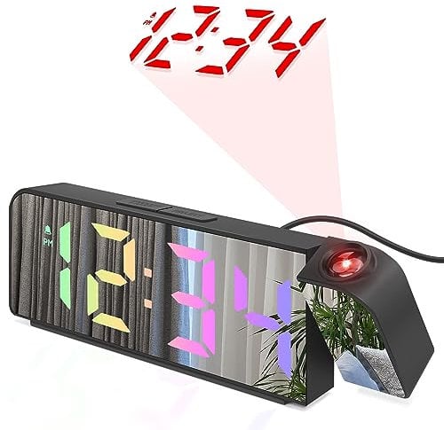 Luckits Projection Alarm Clock, Led Digital Alarm Clock with Projection on Ceiling with 180° Rotatable Projector USB Cable 3-Levels Bright Dimmer Temperature Date Snooze 12/24H for Bedroom (Silver)