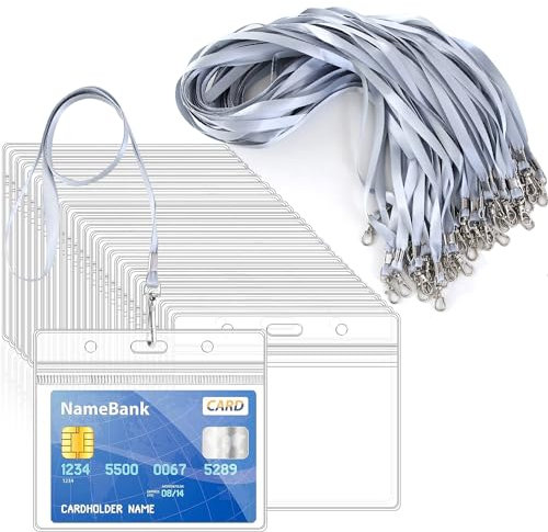 Lot de 50 cordons gris argenté pour tour de cou avec 50 porte-cartes, porte-cartes d'identité en plastique transparent – Porte-badges horizontaux et étanches avec cordon pour cartes d'identité,