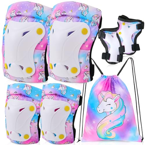 Unicorn Castle Einhorn-Knie- und Ellbogenschützer für Kinder und Mädchen, 6-in-1, verstellbare Schutzausrüstung, Set mit Kordelzug, 3–8 Jahre