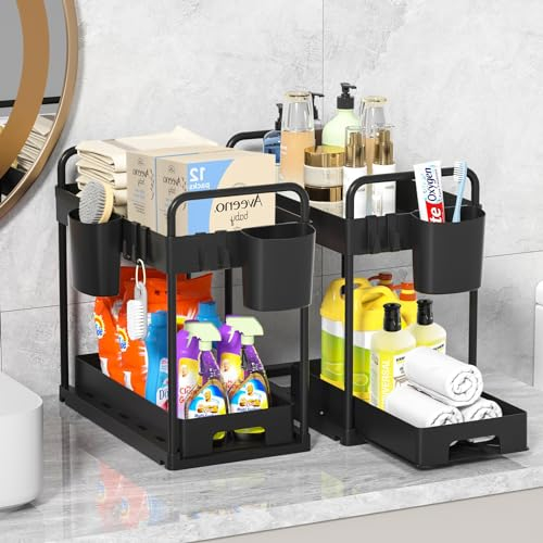 MQVXT Organizador Bajo Fregadero Cocina 2 Niveles,Cocina de Gran Capacidadcon 2 Cesta Colgante,4 Ganchos,Almacenaje Debajo Fregadero Multiusos para Cocina, Baño, Dormitorio-Negro