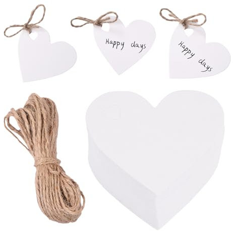 100 Stück Kraftpapier, herzförmige Papieranhänger, herzförmiges Papier mit 10 m rotem und weißem Hanfseil für Valentinstag, Muttertag, Hochzeit, Erntedankfest, Geburtstag