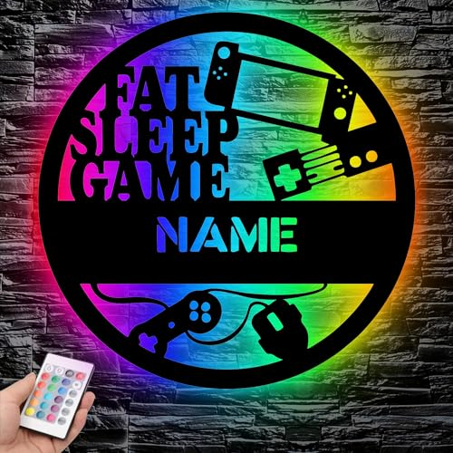 FAT SLEEP GAME - RGB Led Gaming Schild - Gamer Geschenkidee personalisiert Mit Name - Wand Lampe - Zimmer Deko - Besondere Geschenke für Videospiel Fans - Bedienung über die App