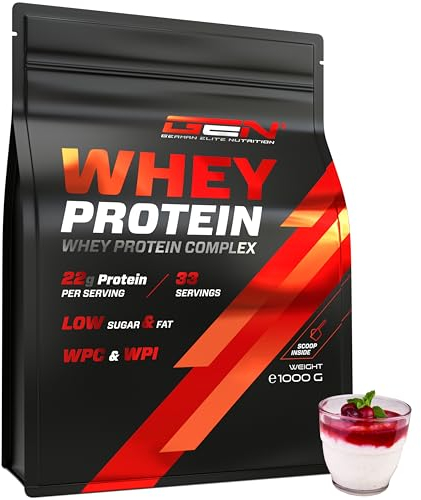 Whey Protein Complex - 1000 g (Semoule au lait avec des Cerises) - Avec part d'isolat - Protéine soluble instantanée en poudre avec BCAA & EAA - German Elite Nutrition
