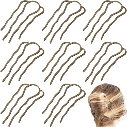Lot de 8 peignes à cheveux latéraux en métal pour chignons à 4 broches en forme de U pour chignons (bronze)