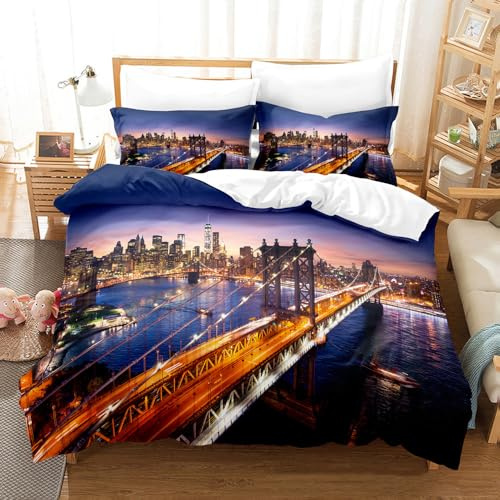ZZTBQ Brooklyn-Brücke Manhattan Bettwäsche für Kinder 135x200 Kinderbettwäsche Bettbezug und Kissenbezug-Set New York City Städtische Landschaft Einzelbettwäsche Set