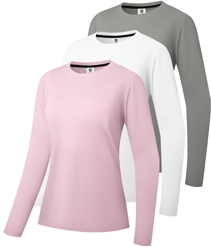 3 Pack Women's Cotton Long Sleeve T-Shirts Round Neck Moisture Wicking Shirts Comfortable Casual Tops Grey/White/Pink-03-XL