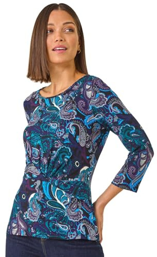 Roman Originals Animal Print Stretch Twist Detail Top for Women UK - Ladies Everyday Holiday Spring Summer Round Neckline Comfy Soft Evening Vacation Work Party