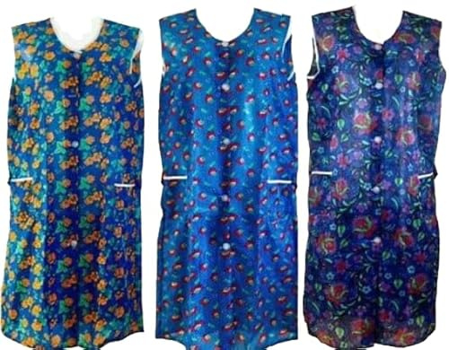 Generisch 1 Stück Kittelschürze bunt mit Knopfleiste, bequeme und abwaschbare Garten- und Haushalts Schürze mit Seitentaschen Dederon Kostüm Oma Kittel DDR Retro Style