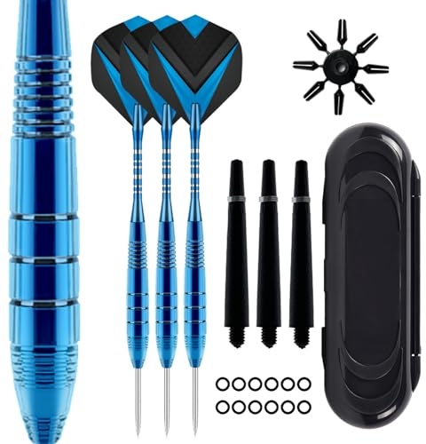 ZLFCypheria 3 stück Dartpfeile mit Metallspitze, Profi Steeldarts mit Metallspitze Steeldarts Set, mit 3 Flights 3 Aluminium Schaft 12 Anti-Lose Gummiringe, 1 Dart Case (Blau Phantom)