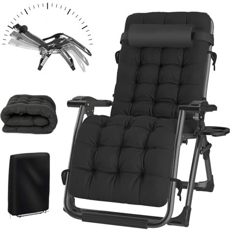 Liegestuhl Klappbar Sonnenliege, Gartenliege Relaxliege für Mittagspause mit Verstellbar Rückenlehne, Extrabreiter Gartenstuhl mit Kissen, für Patio-Garten-Strand-Pool,Belastbar 240kg (Schwarz, 72)