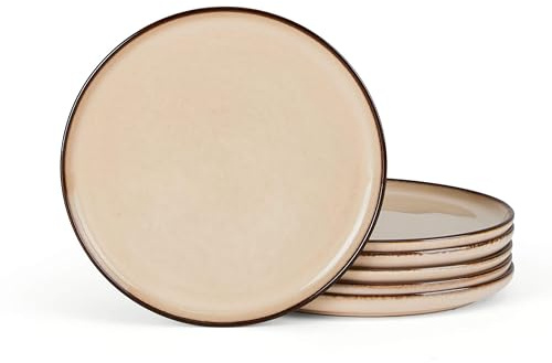Herogo Ceramic 7.9 Inch Dinner Dessert Plates Set of 6, Small Stoneware Dinnerware Plate Set, Double Reactive Glaze Large Dinnerware Plates for Kitchen, Microwave, Oven & Dishwasher Safe, Cream Khaki