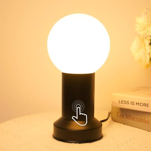 Nachttischlampe Touch, LED Tischlampe Touch Kleine Lampe mit Kabel, Globen-Tischlampe mit Schwarz Metallfuß, Kleine Touch Lampe Nachtlicht,3000K Warmweiß E27 Fassung für Schlafzimmer Wohnzimmer