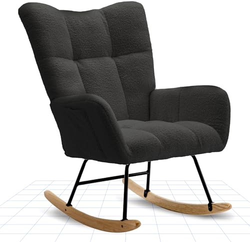 FLEXISPOT Rocking Chair with High Backrest & Armrests - Modern Swing Chair with Wooden Skids, Padded Recliner Chair for Living Room & Bedroom, Maximum Load 120 kg, Black