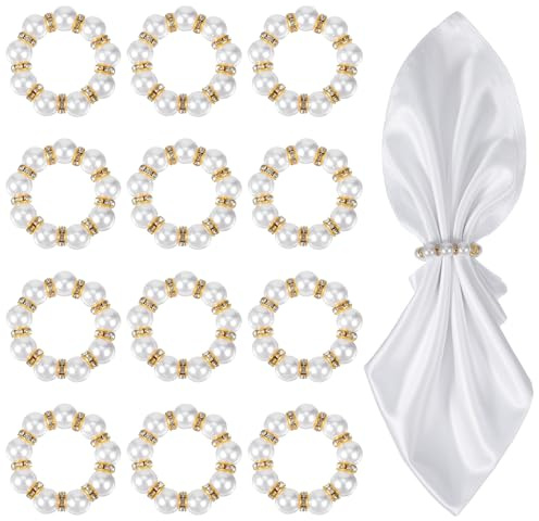 Matwsec 12 Pcs Pearl Napkin Rings, Gold Napkin Rings Bulk, Gold Napkin Holder for Formal Dinner Reception Party Banquet Table Decor and Daily Use