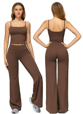 Odizli Sport Set Damen Spaghetti Top mit Integriertem BH + High Waist Wide Leg Leggings Fitness Gym Yoga Sportanzug