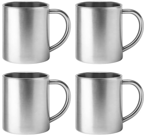 Aicharynic Juego de 4 tazas de café de acero inoxidable: taza termo de acero inoxidable de 300 ml, taza de acero inoxidable 304, taza térmica de doble pared, taza de camping portátil