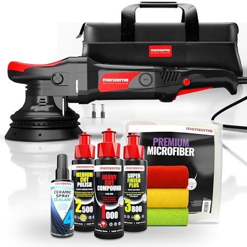 Menzerna Set di lucidatura per auto | Lucidatrice eccentrica MZ-XR con piastra di supporto da 125 mm + 3 x 100ml lucidante + panni per lucidatura + sigillante spray | corsa 15mm 720W