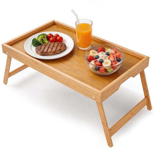 Vassoio da letto in bambù con gambe pieghevoli, vassoio multiuso per la colazione, per mangiare, tavolo TV, scrivania per laptop, snack e postazione di lavoro (legno)