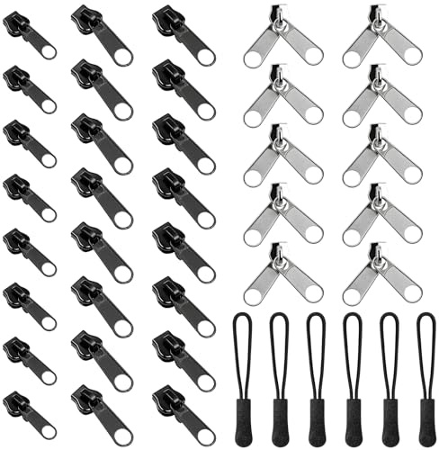 40 Stück Reißverschluss Zipper, 3 Größen Reißverschluss Reparatur Set mit Zugseil, Reissverschluss Zipper Fix Kit Reisverschluss-Zipper Ersatz für Jacken, Koffer, Ruckäcke(Schwarz & Silber)