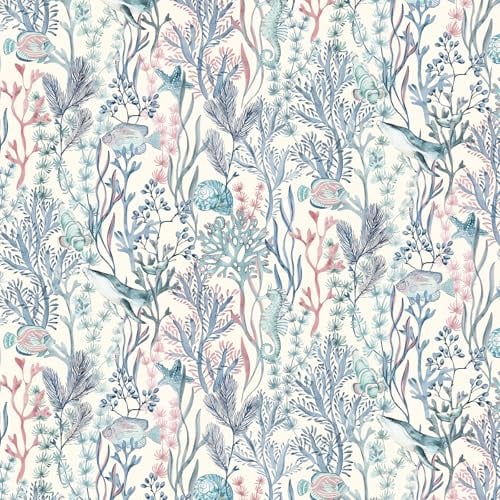 Peel and Stick Ocean Wallpaper Blue Coral Seaweed Pattern, Coastal Marine Self Adhesive Vinyl Wallpaper with Seahorse Fish Design, Removable Sticky Back Plastic for Bathroom, Kids Room 44cm x 300cm