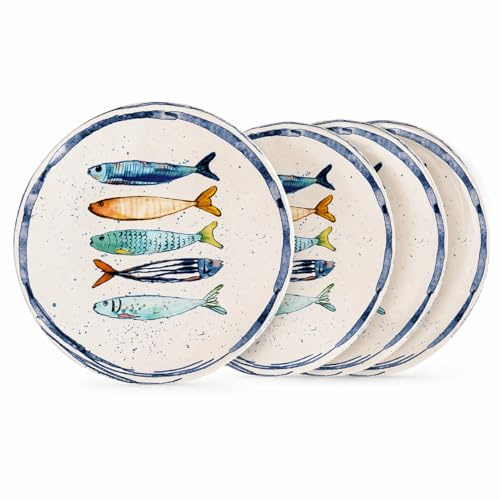 Teller im mediterranen Design mit Sardinen-Motiv | Maritime Speiseteller (26 cm), Suppenteller (21 cm) oder Dessertteller (20 cm) - robust, Steinzeug, glattes Finish (4er Set Dessertteller (20 cm))
